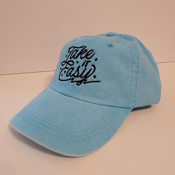 Take It Easy Curved Bill Mesh Embroidered Snapback Washed Denim Blue Green Cap - Picture 3 of 5